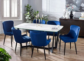 Olympus White Dining Table W/Luxe Blue Velvet Chairs